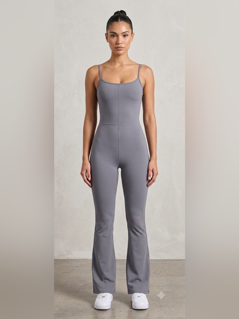 Tic Tic Lost Angeles Flare Leg Jumpsuit Gray Adjustable Straps Stretch Sz Small